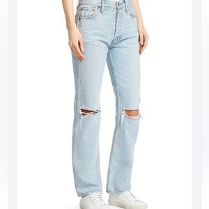 Re/Done Light Blue (Beach Destroy) High-Rise Ripped Knee Jeans. Size 26